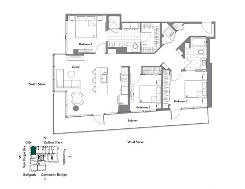 Floor plan for 3 beds, 2 baths, 1369 sqft